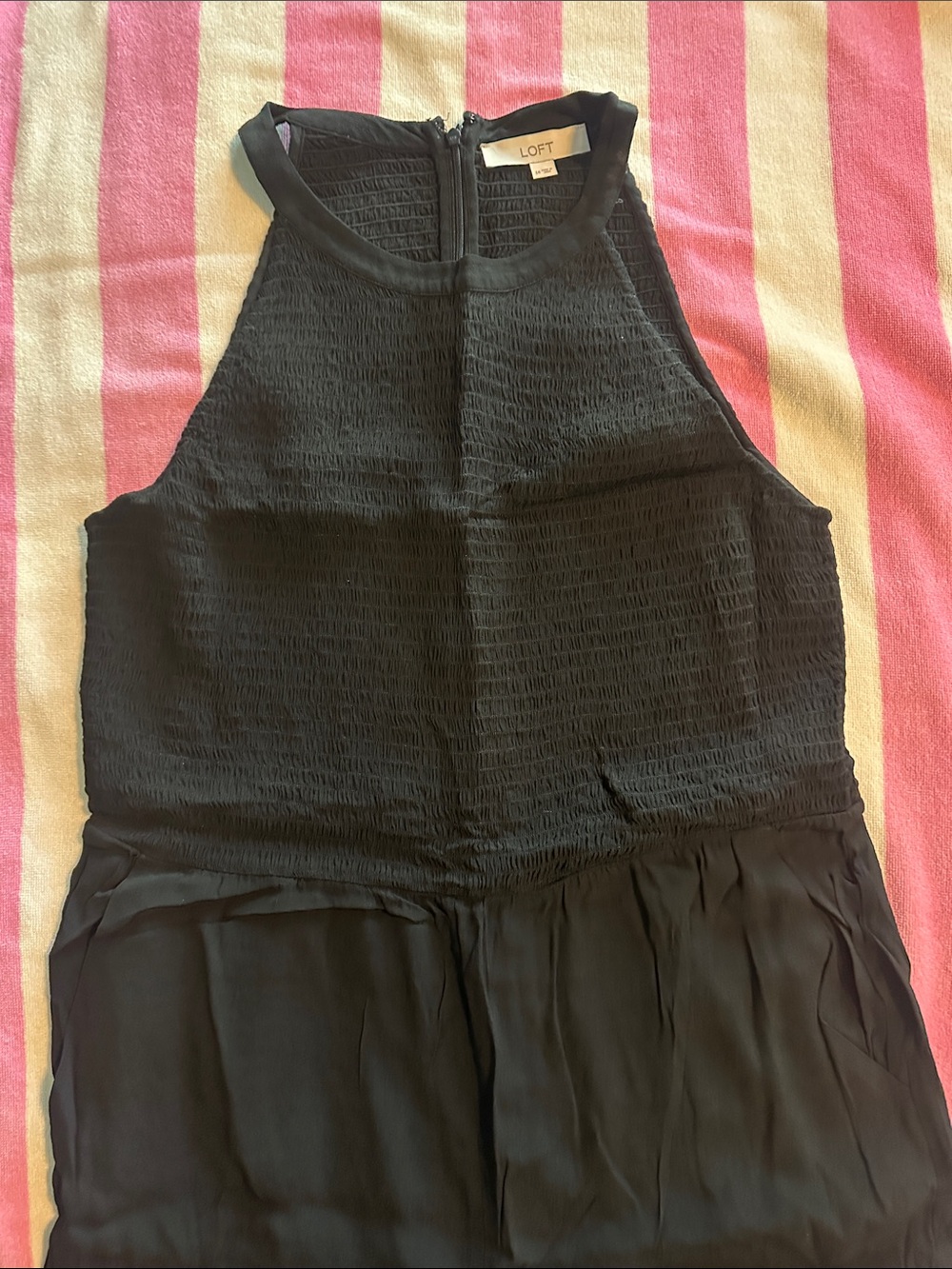 LOFT Black Sleeveless Smocked Bodice Jumpsuit